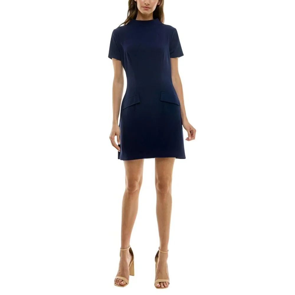 NWT B. Darlin Sleeve Mockneck Fit Flare Faux Pocket Mini Dress Navy Blue 13/14